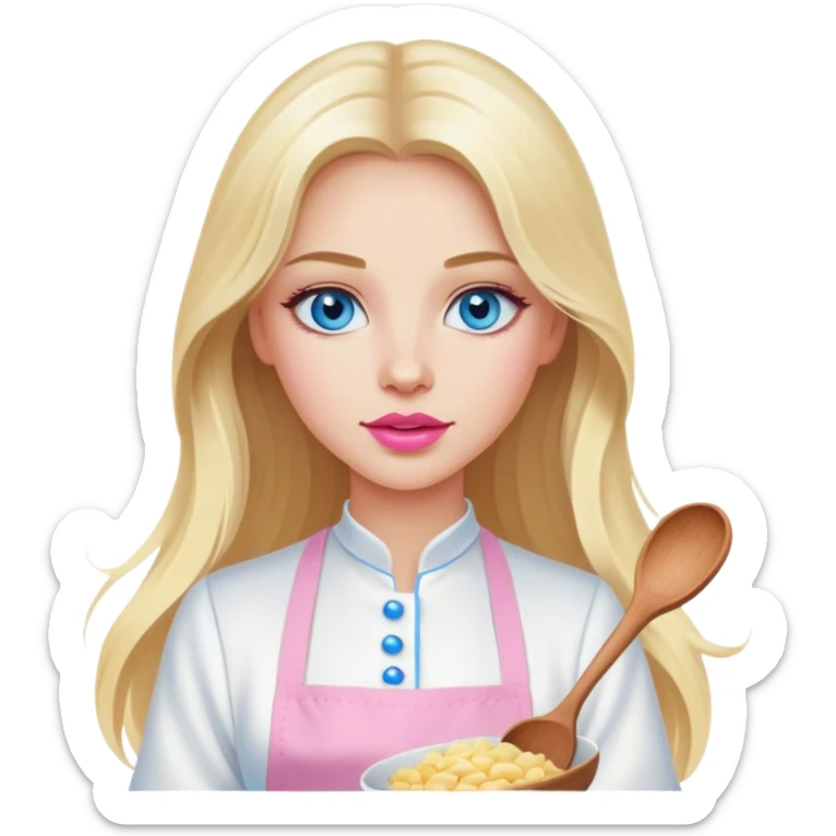 Cinematic realistic beautiful blonde with long hair, blue eyes and pink lips in a white dress cooks sticker