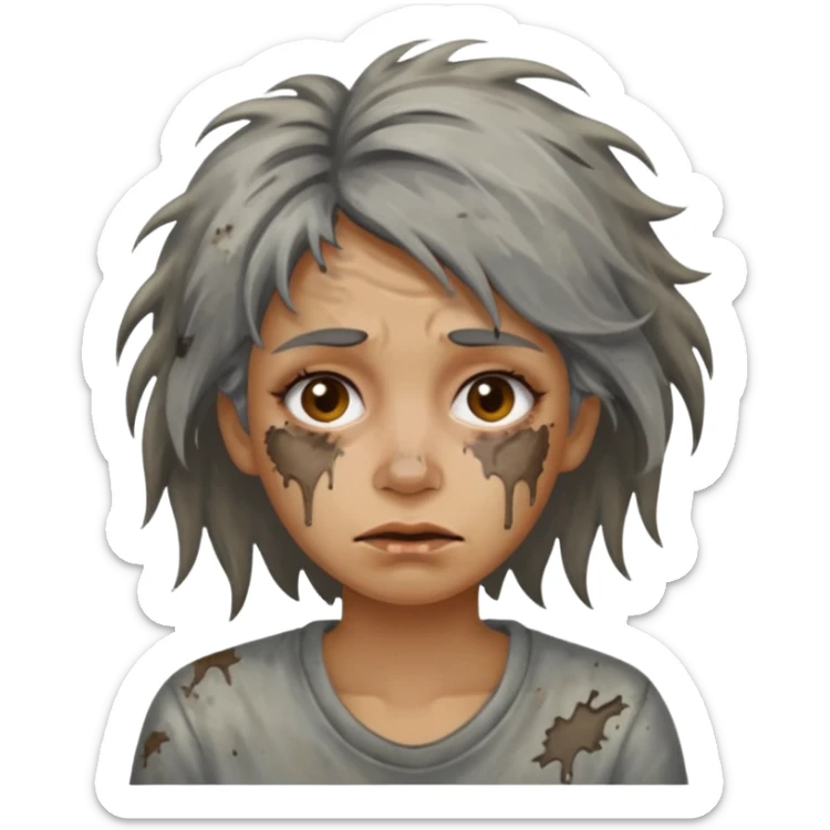 very dirty looking homeless woman very very dirty and smelly looking face only, not old with grey smudges everywhere and messy hair and lots of stains on face ugly and smudged face sticker