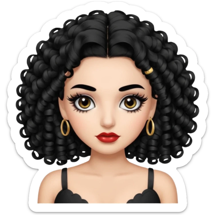 generate the emoji of a girl with fair skin, black hair, bombshell curls, black eyes, long false eyelashes, black eyebrows, latina makeup sticker