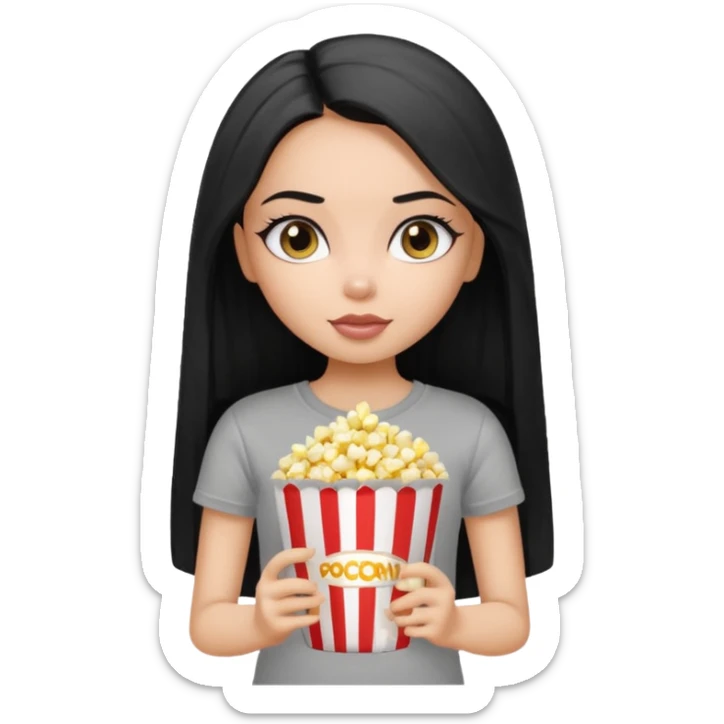 a pretty bratz dusky girl with long straight hair with popcorn nd wearing a grey tshirt sticker