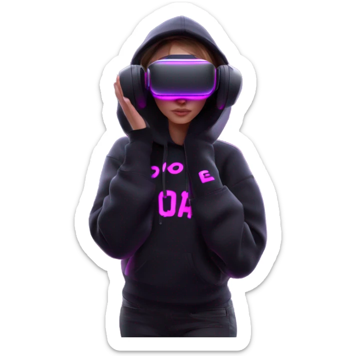 Russian girl wearing black hoody with violet letters "OMG", in vr headset oculus quest2. Dancing. Cyberpunk style. Violet neon. sticker