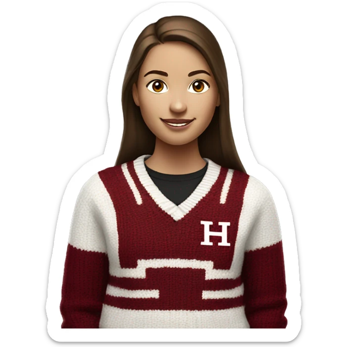 Girl with brown hair and white skin wearing a crimson and white sweater with the black crimson and white Harvard University logo on it  sticker