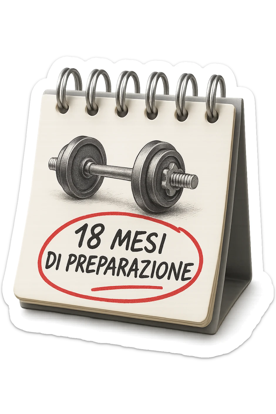 foglio di calendario con manubri da palestra disegnati e la scritta a penna "18 MESI DI PREPARAZIONE" CERCHIATA IN ROSSO, FALLO MOLTO REALISTICO IN 3D sticker