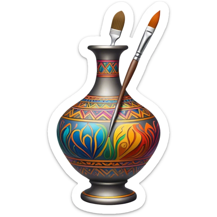 Metal painting icon, fine paintbrush painting a detailed metal statuette or vase with bright, vivid colors, visible strokes and intricate patterns, no finished artwork, just the painting process, minimalistic style, clean lines, transparent background. sticker
