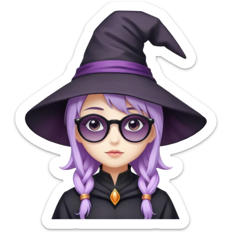 cute anime girl with lilac hair in a witch hat in black sunglasses sticker