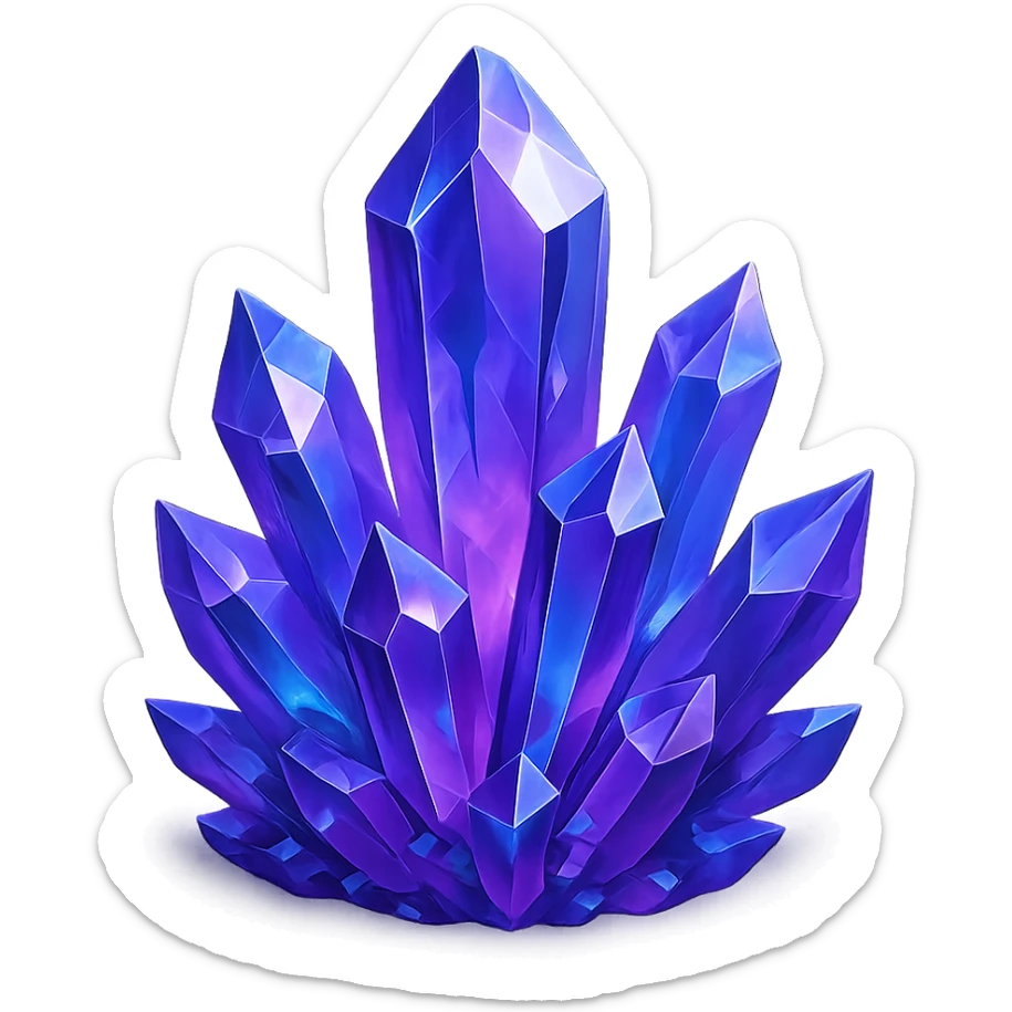 a cluster of faceted crystals, purple with blue accents, semi-realistic sticker