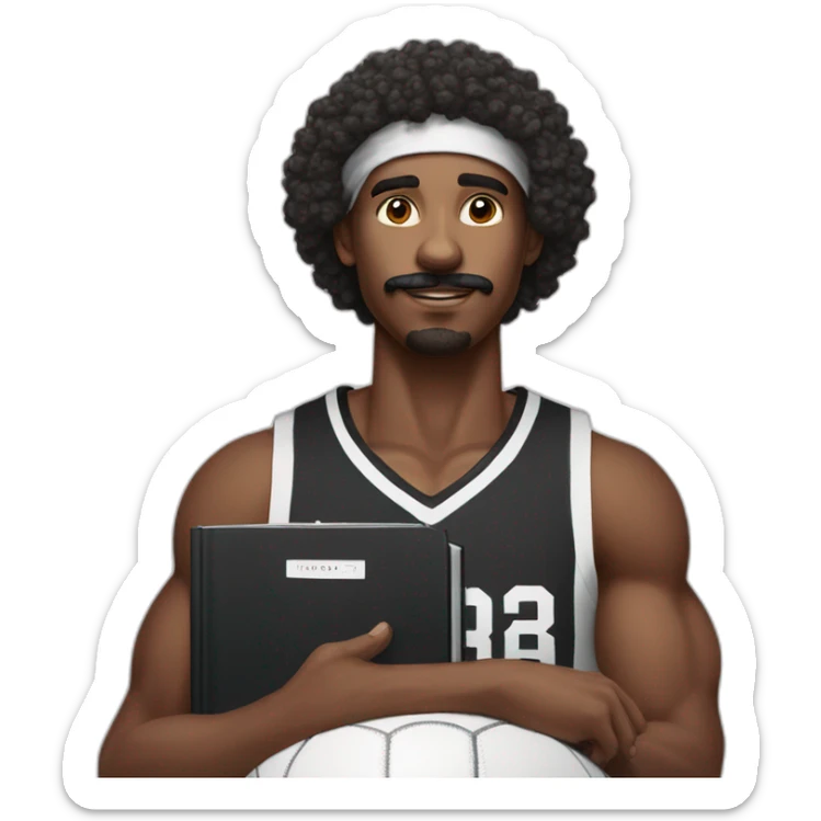 black basketball player with moustache curly hair and headband wearing black and white jersey holding the book sticker