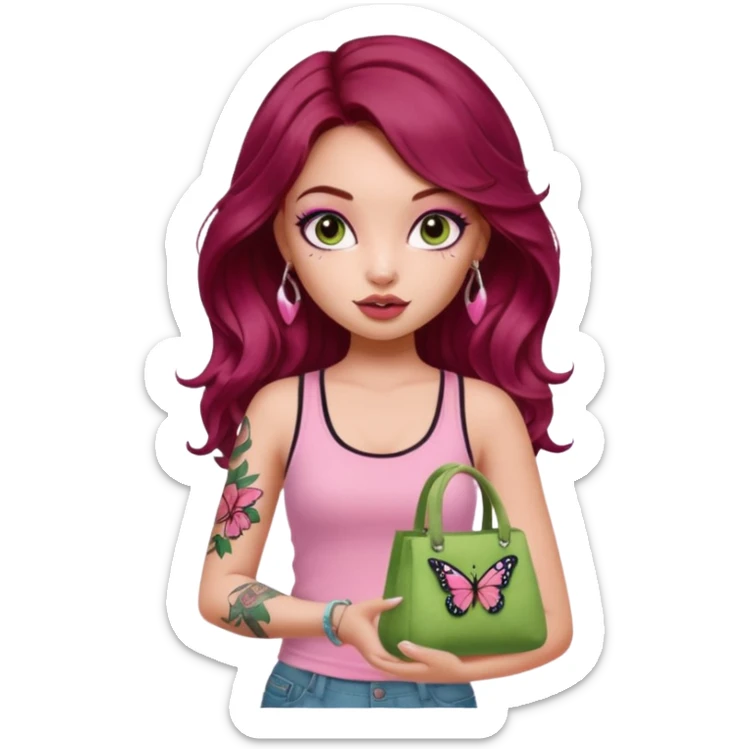 a pretty fair bratz girl with wavy dark red hair, wearing a pink tank top , carrying a matcha and a pink bag. eyeliner on. butterfly tattoo on arm sticker