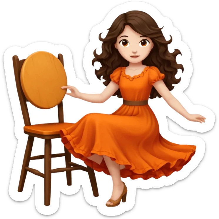 Long dark wavy hair women in orange standing and twirling around a chair  sticker