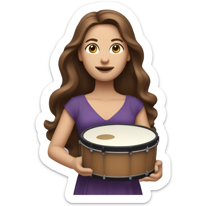 White woman standing with long flowing purple dress and long wavy brown hair holding a small handheld frame drum and a drum stick sticker