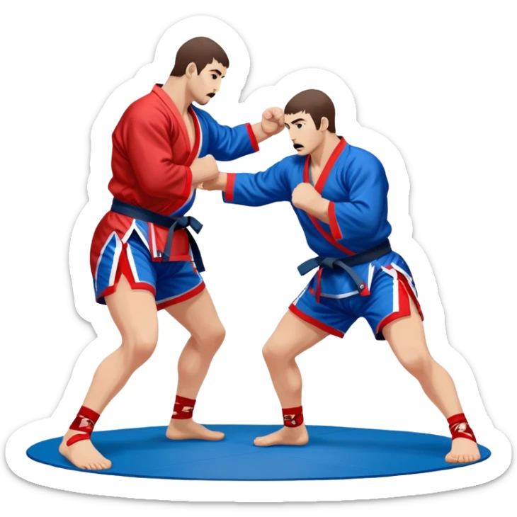 Two Sambo fighters in blue and red kimonos, with shorts and wrestling shoes, performing grappling and throwing techniques. The background shows a wrestling mat and an intense, focused atmosphere. Transparent background highlights the fluidity and skill of the sport without strikes. sticker
