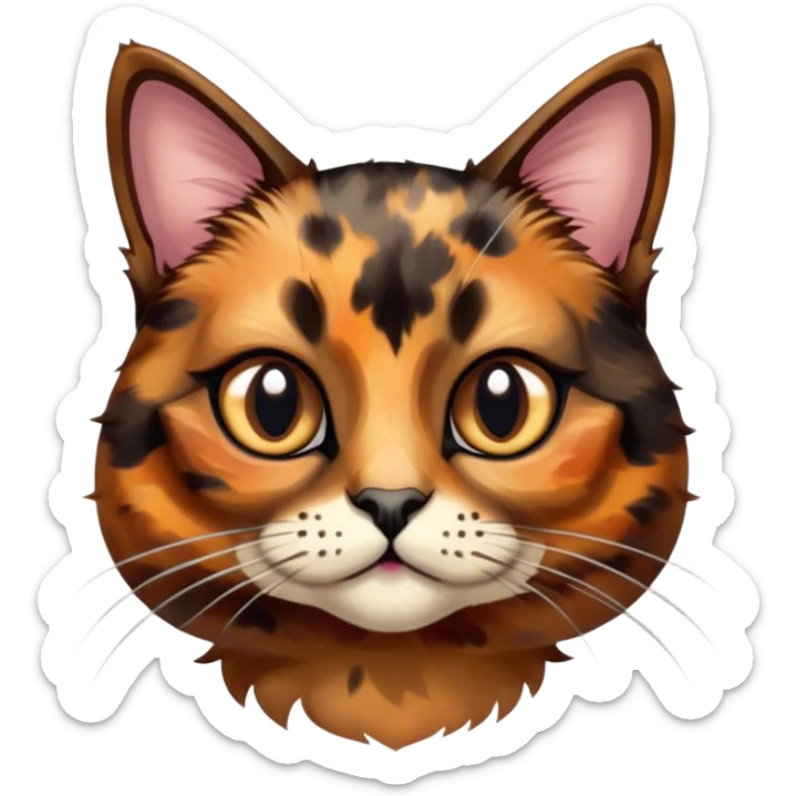 Cinematic Cute Tortoiseshell Cat Portrait Emoji, Head cocked sweetly with bright, curious eyes and a cuddly, mottled fur of rich browns and blacks, simplified yet charmingly adorable, highly detailed, glowing with a warm, gentle radiance, high shine, playful and endearing, styled with a dash of whimsical feline magic, soft glowing outline, capturing the essence of a cute tortoiseshell cat that seems ready to pounce with affectionate mischief! sticker