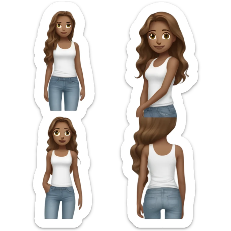 girl with long ￼layered hair hazelnut brown hair, dark green eyes and freckles standing wearing a white tank top and light blue denim jeans sticker