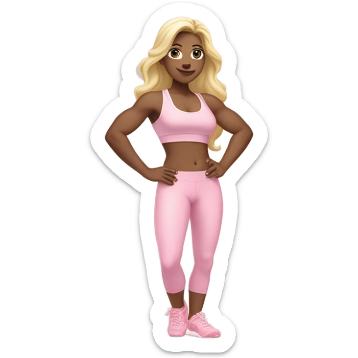 White woman, pale skin, long hair, blonde hair, wavy hair, baby pink sports bra, baby pink leggings, flexing right arm, left hand on hip sticker