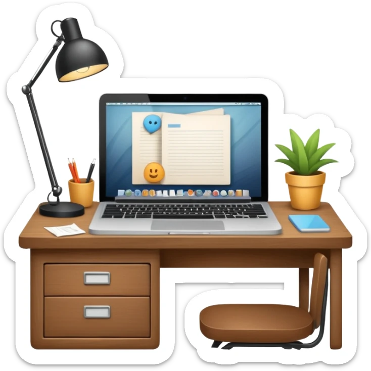 simple emoji of a cozy desk with a paper and a laptop on it sticker