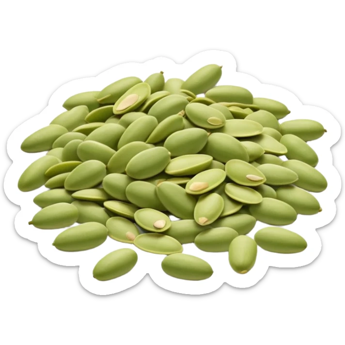 loose scatter of pale green pumpkin seeds with smooth, flat, oval shapes and a soft matte surface, seeds vary slightly in size and tone, natural shelled presentation, no bowl or extras, soft lighting, subtle shadows, emoji scale sticker