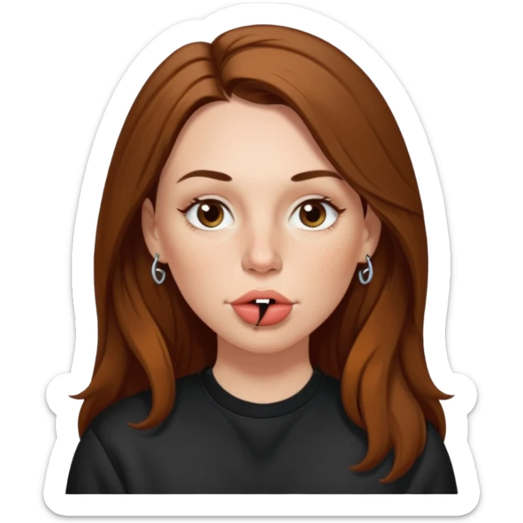 A 38 year old white woman with long brunette hair parted in the middle. She has her nose pierced. Her nose is medium sized. She has brown eyes. She has freckles and is wearing a black sweatshirt and is making a kissing mouth. sticker