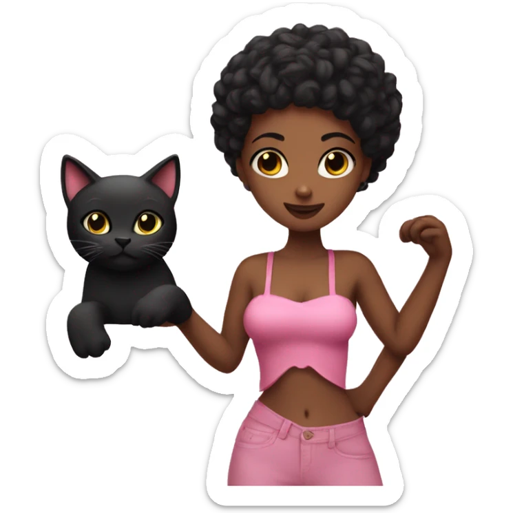 A Lantia girl wearing a pink tube top and she is holding a black cat sticker