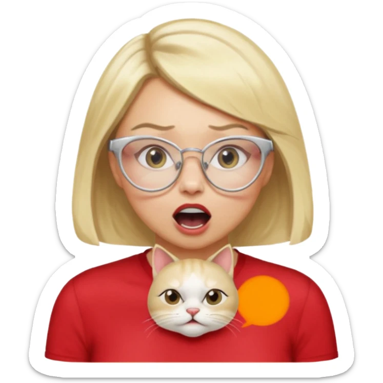emoji style, side view woman with light skin, blonde bob hair, white cat-eye glasses, red shirt, hand cupped tightly around her mouth, hand close to nose and lips, shouting loudly, energetic expression, simple background sticker