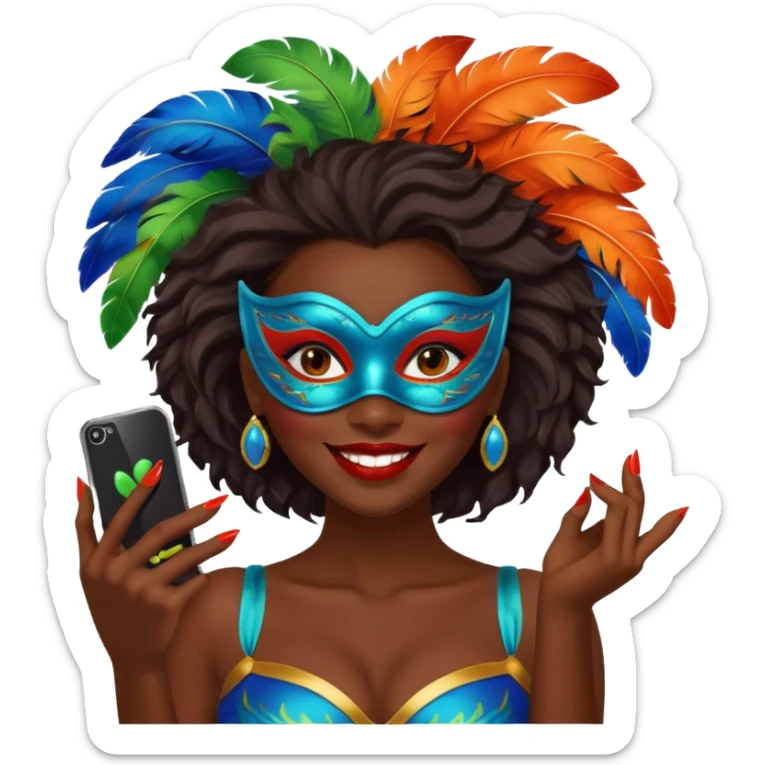 i need the same girl in "dark skin girl, dark red lipstick, nails very beautiful" to be smiling in "carnival mas costume, blue, green and orange preferably, full costume feathers at the back" she is to be smiling and happy with a phone in her hand taking a pico  sticker
