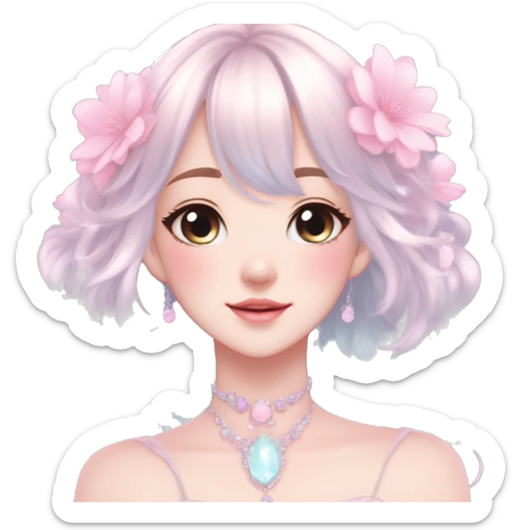 Dreamy pretty elegant kawaii shiny blushing shy anime pastel lady kawaii beautiful hair naturecore fairycore cottagecore jewels trending aesthetic full body sticker
