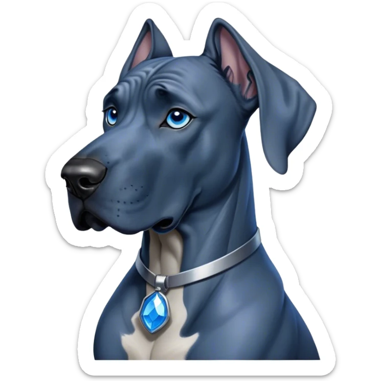 Cinematic Noble Blue Great Dane Portrait Emoji, Poised and regal, with a towering, muscular build and a sleek, well-groomed deep blue Fur, deep-set soulful steel-blue eyes, Simplified yet sharp and sophisticated features, highly detailed, glowing with a cool, dignified glow, high shine, intelligent and commanding, stylized with an air of majesty, focused and attentive, soft glowing outline, capturing the essence of a watchful and authoritative guardian, so majestic it feels as though it could stride out of the screen with effortless authority! sticker