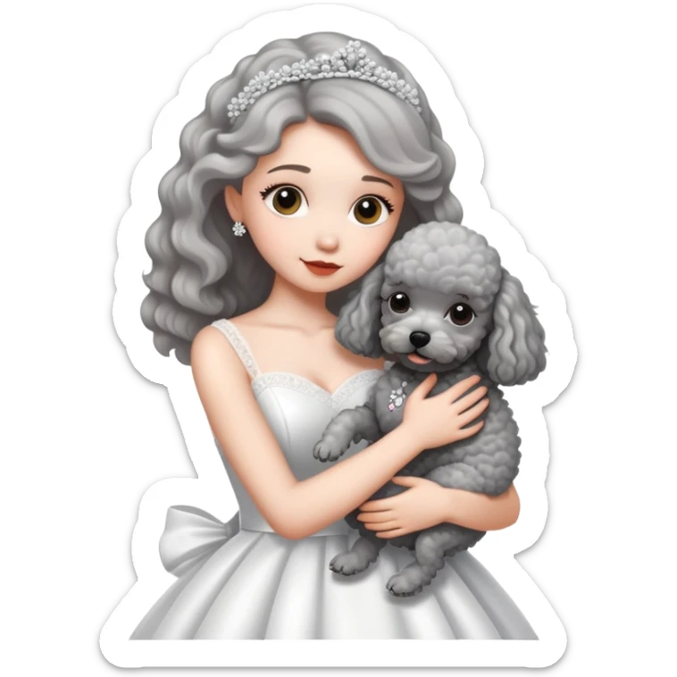 beautiful girl in a wedding dress hugging a small gray poodle sticker