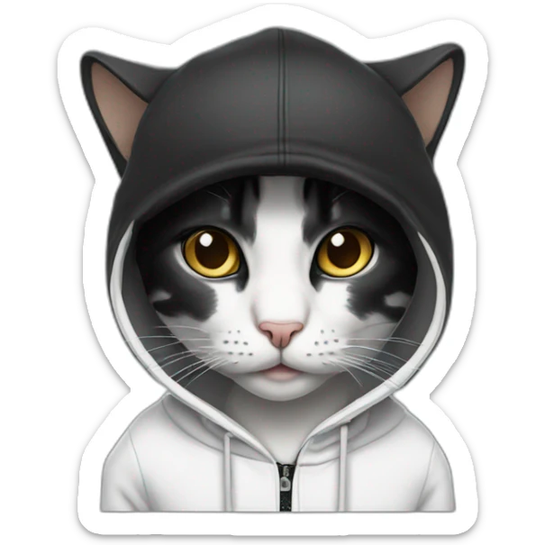 cat wearing a black ball cap and a white hoodie with the hood up sticker