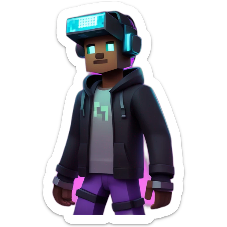Minecraft steve wearing a black hoodie with "OMG" letters on it and VR headset in a cyberpunk VR environment with violet neon lighting. sticker