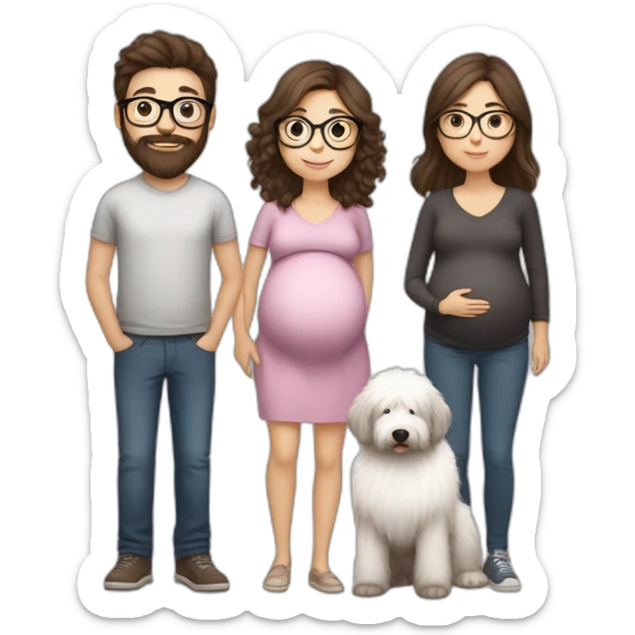 Pregnant girl with half long brown hair with glasses, a boy with long beard, glasses and short hair and english sheepdog sticker