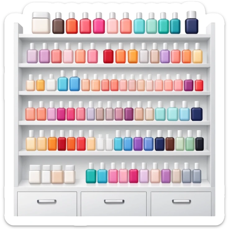 big beauty salon showcase with well-organized brand-labeled beauty products on a white shelves sticker