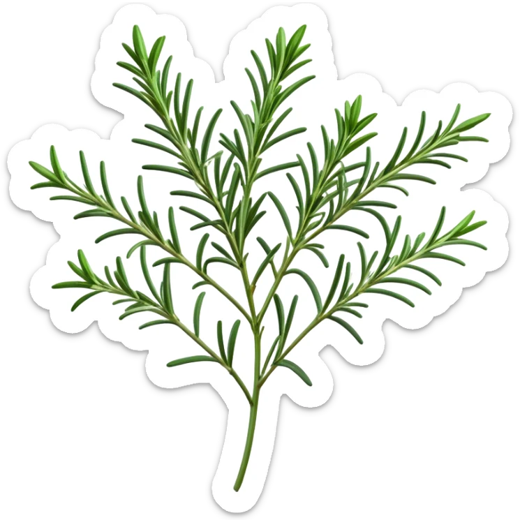 Cinematic Realistic Rosemary Emoji, Fragrant and fresh, with slender green stems covered in needle-like leaves, which release a distinctive herbal scent. The plant seems to exude energy, with soft sprigs of leaves stretching upwards. Soft glowing outline, capturing the essence of earthy healing and aromatic delight in a sprig of rosemary! sticker