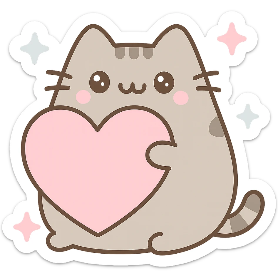 Add sparkles around Pusheen and the big heart, keep pastel pinks and blues, super adorable, kawaii style, with no background sticker