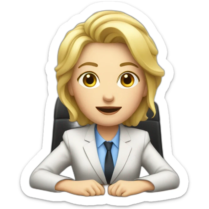 Blonde white woman wearing a suit sitting on the table telling the news towards the camera sticker