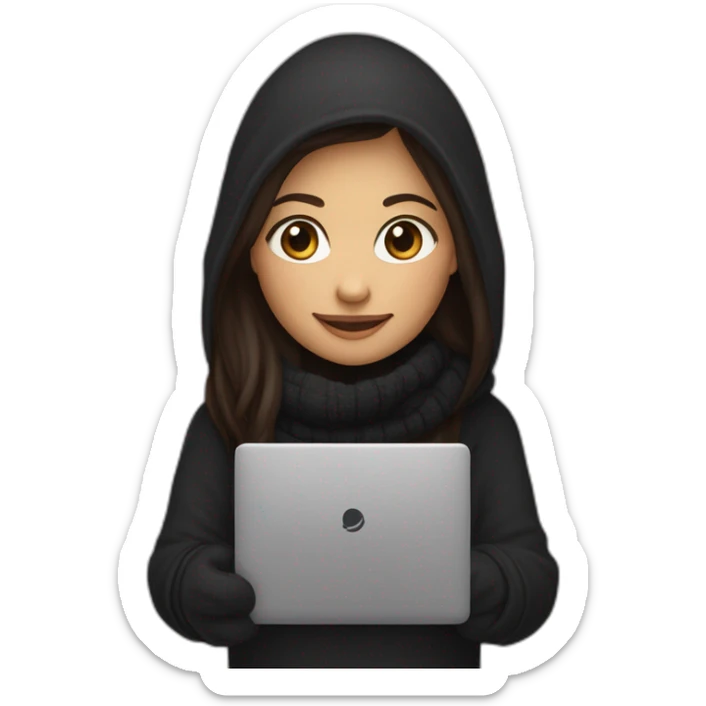 Female with middle dark brown long straight hair wearing black hoodie and black woolly scarf holding a closed laptop and a coffee mug on her hands and smiling with both her eyes and mouth sticker