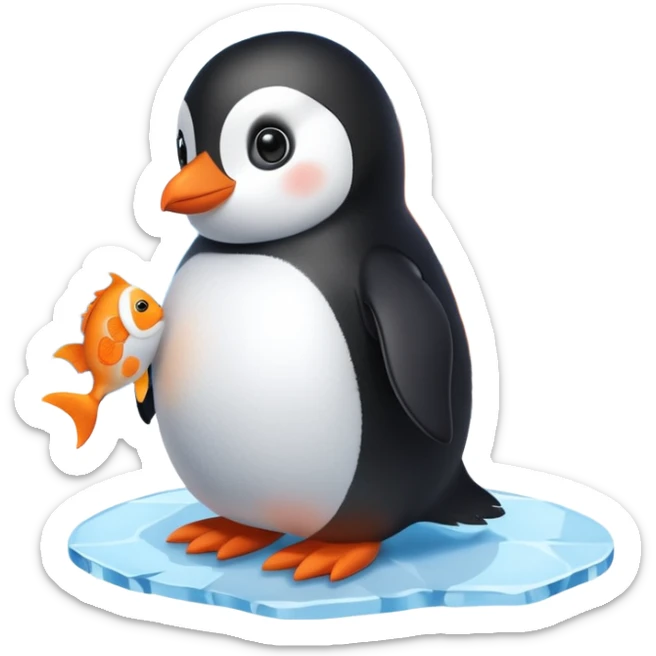 A cute penguin doll holding an orange fish doll in its hands.
A house of ice behind it. sticker