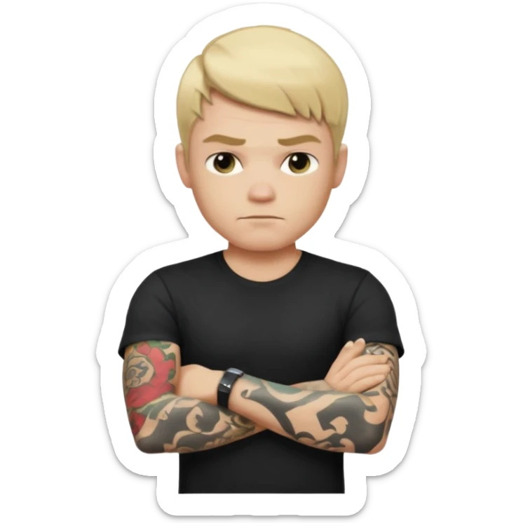 male memoji, blonde man with tattoos on arms, black t-shirt, arms crossed, intense stare, edgy rebel vibe sticker