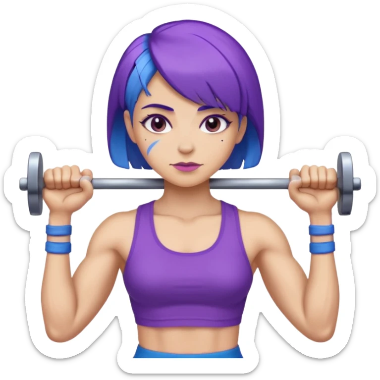 weight lift woman short blue purple har muscles bar is not growing from head sticker