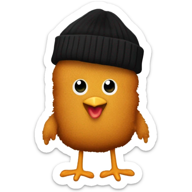 A cute chicken nugget with arms, legs, and cartoon eyes. Wearing a black beanie sticker