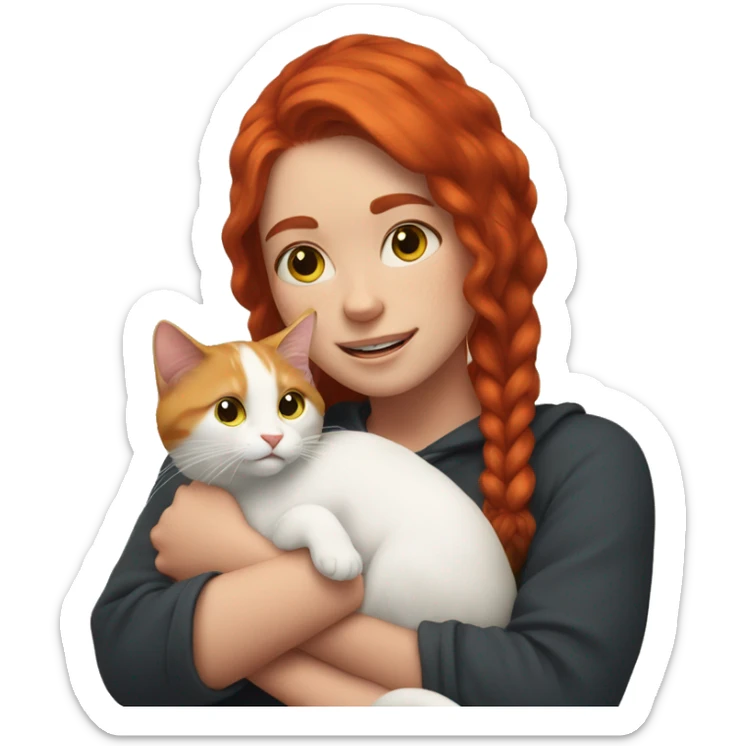 A girl with red hair holds a sulfur cat in her arms sticker