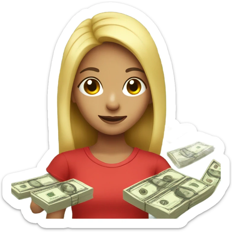 a girl with fresh hair and a red T-shirt holding the money sticker