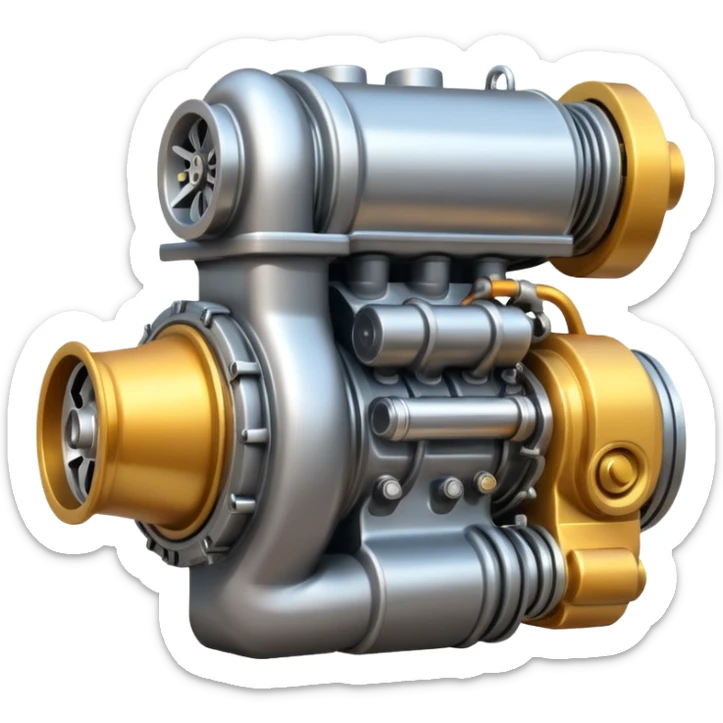 Emoji icon of a turbocharged engine with spark effects and metallic shine sticker