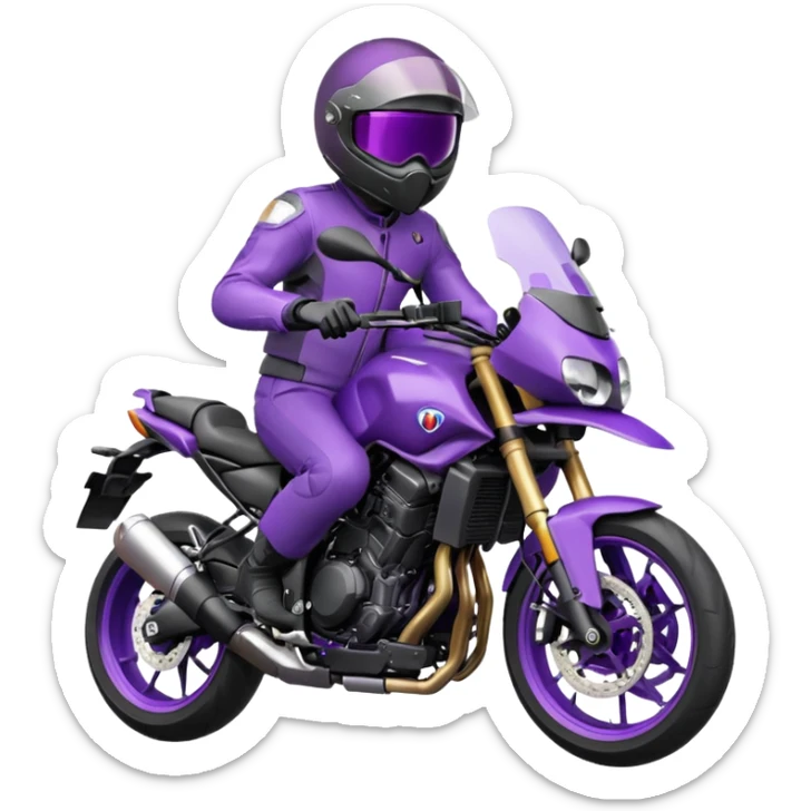 Créer un emoji avec une moto mt07 sport noir mate / violet iridescent très foncé. Avec une pilote dessus visière violet sombre faceless, bulle de la moto violet. Avec fond arrière violet sticker