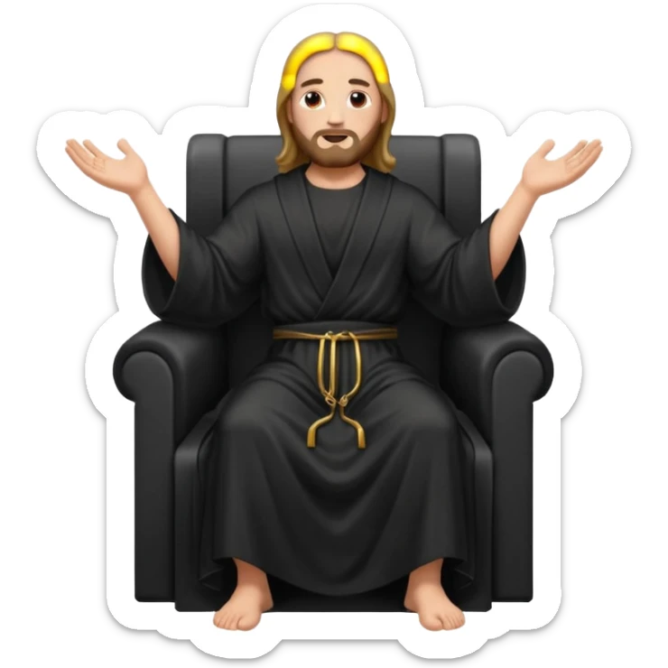 fullbody bald jesus christ jacked, sleeveless black robe sitting hands on armrests sticker