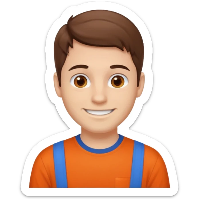 male, white skin, brown hair, brown eyes, orange and blue shirt sticker