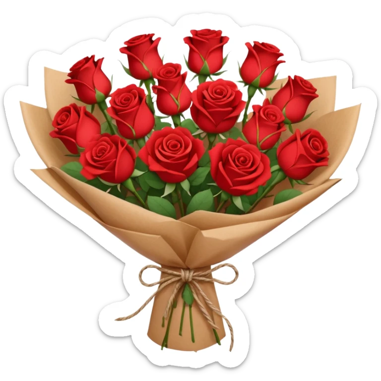 A brown paper-wrapped bouquet of fresh roses and baby’s breath sticker