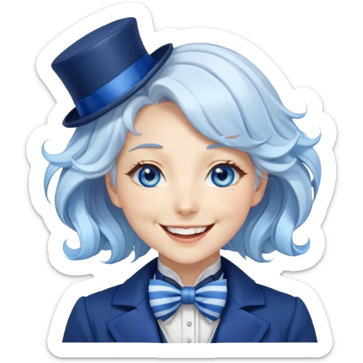 Beautiful gorgeous anime lady with white wavy hair with thin blue stripes, blue eyes, blue short top hat with a blue bow tie, smug grin, laughing, happy, blue coat, blue cravat, white gloves sticker