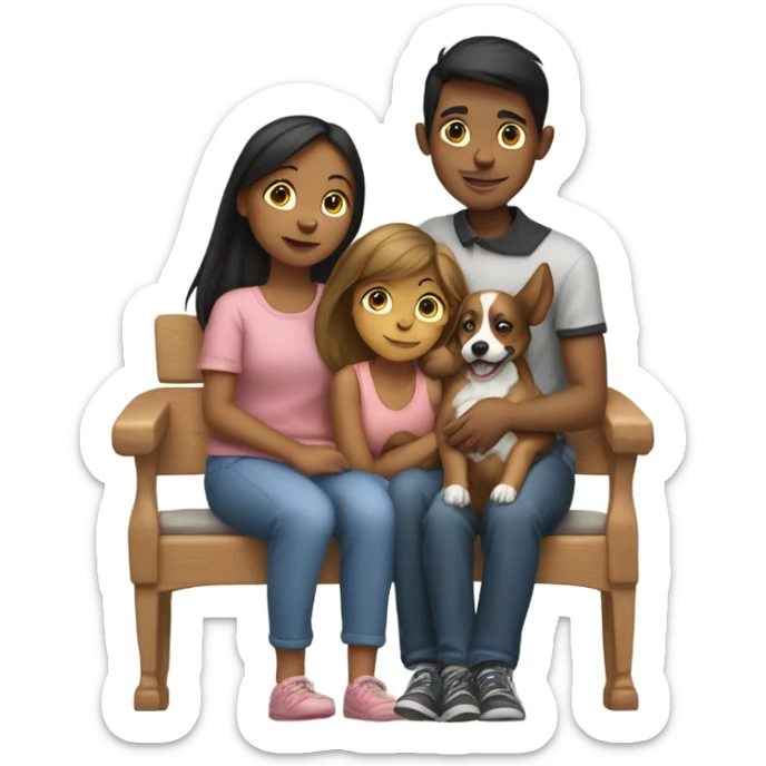 3 boys and a girl with arms around shoulders holding a dog on their laps sticker