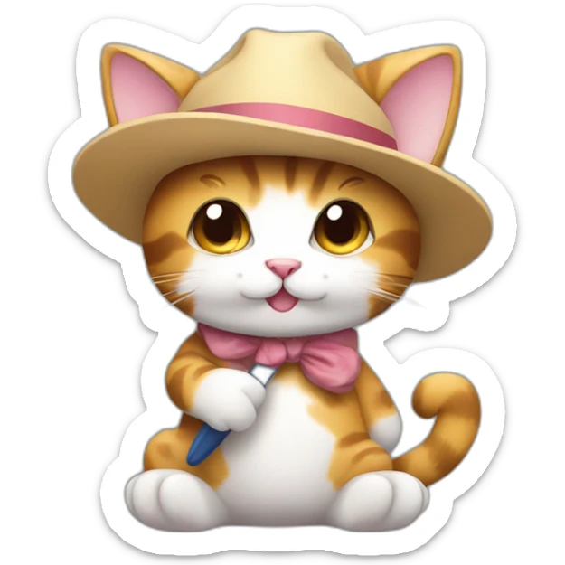 Kawaii cat artist in hat with palette and brush so it can be used as a mouse cursor sticker