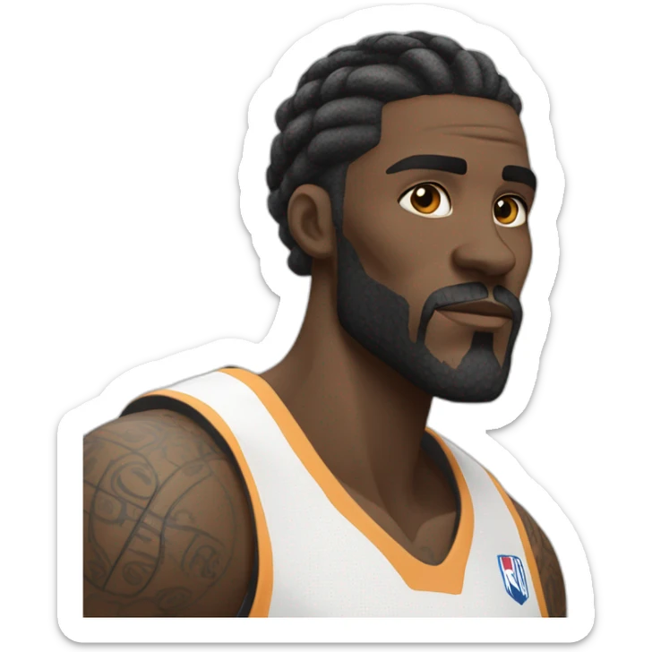 dark skin basketball player with tattoos, beard, short braided hair wearinf black and white jersey sticker